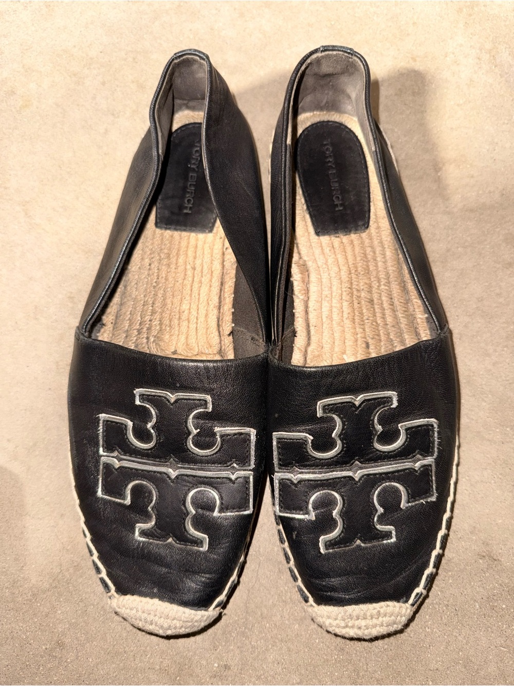 Tory Burch Ines Espadrille Black Leather Boho Big Logo women’s Size 9